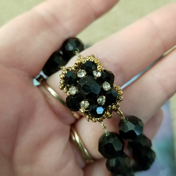 Vintage French Jet necklace two strand black glass gold tone